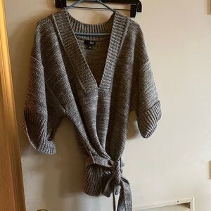 a.n.a Gray V-Neck Sweater with Tie-Waist
